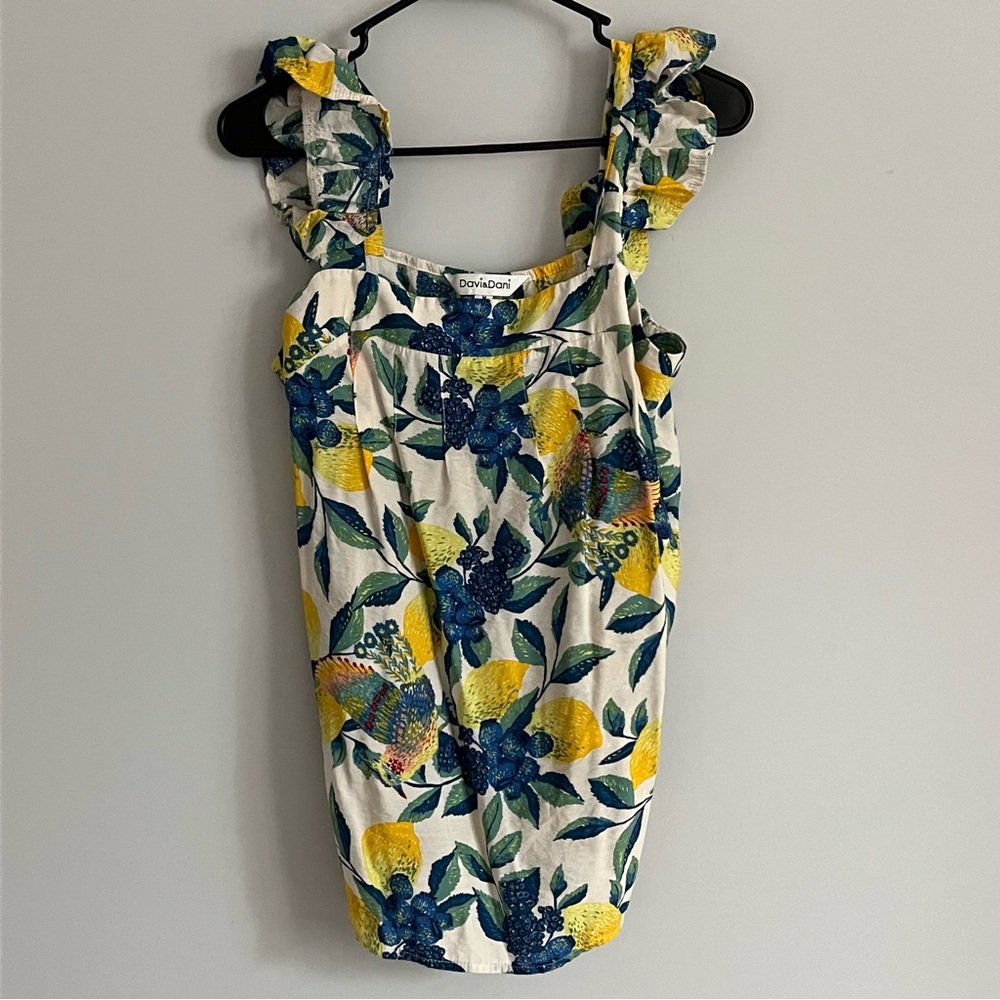 Davi & Dani Lemon Leaf Print Ruffle Strap Square Neckline Summer Blouse - Picture 2 of 5